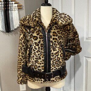 Y2K Style Faux Fur Moto Biker Leopard Print Jacket Belted Size XS Animal Print
